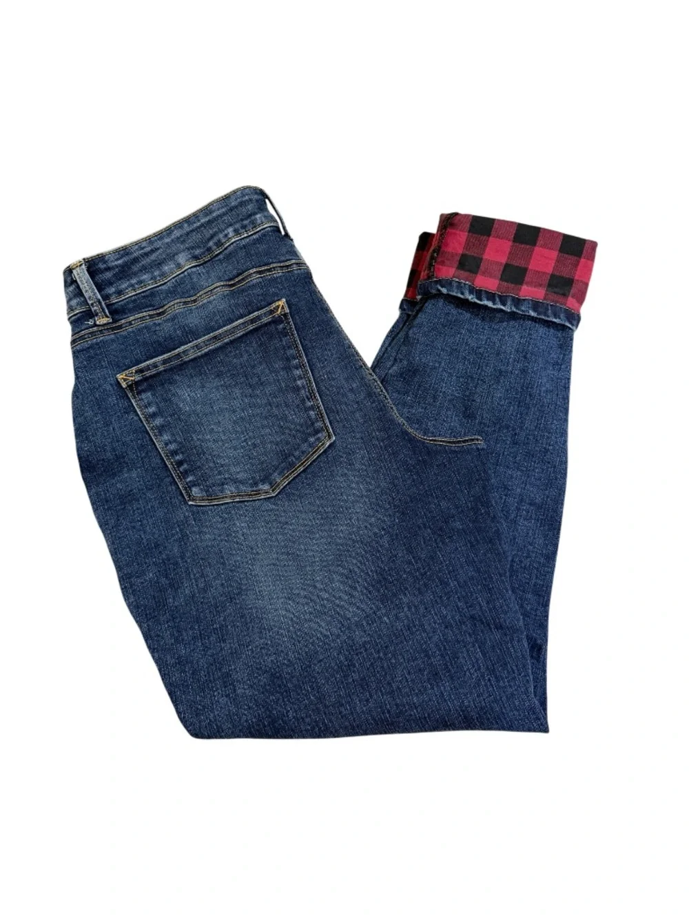 Maurices Blue Boyfriend Jeans with Red Plaid Cuffs